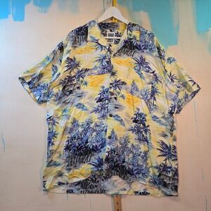 Vintage Ocean Current Men L Hawaiian Shirt Yellow Palm Trees Blue Tropical 24x31